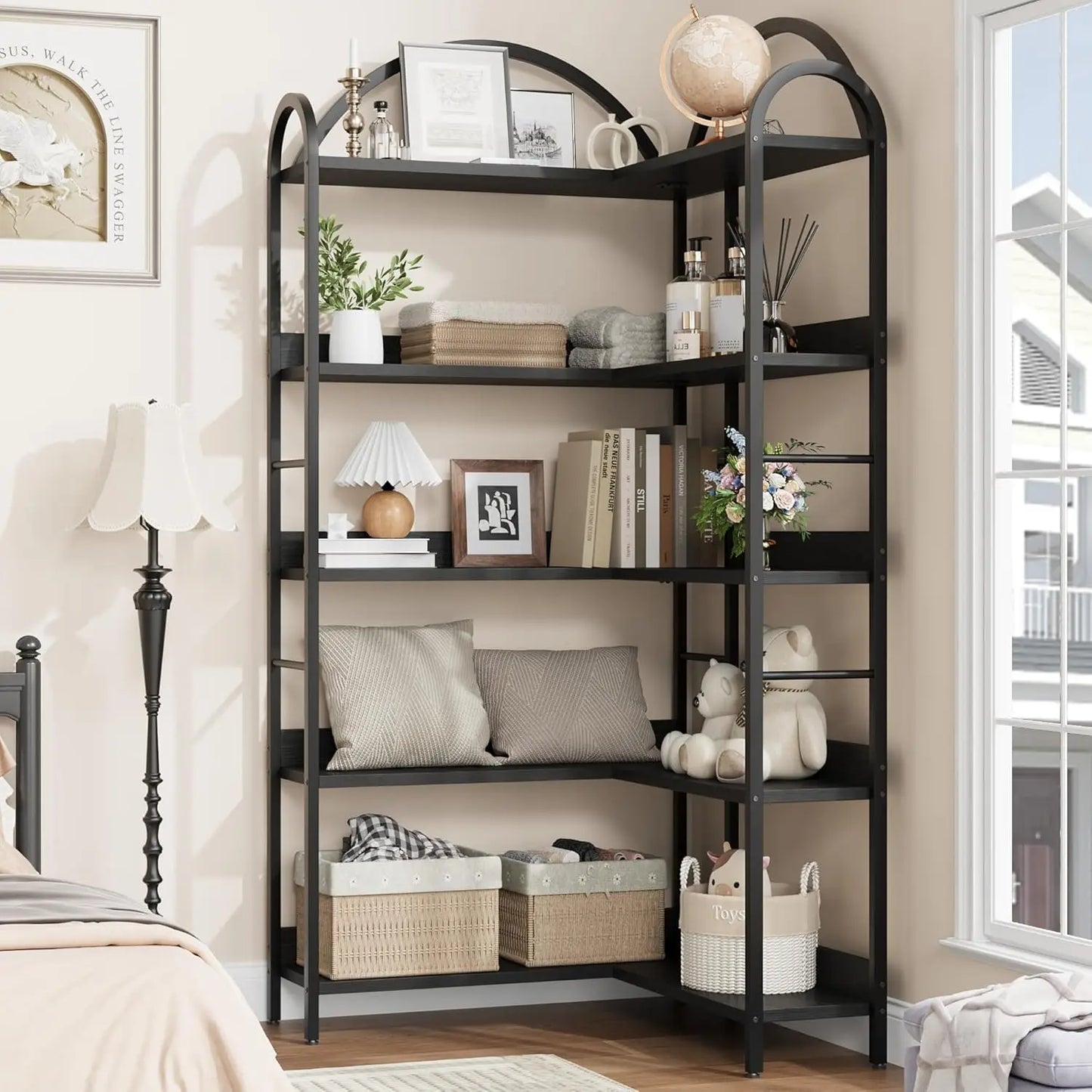 5-Tier Arched L-Shaped Corner Bookshelf | Industrial Storage & Display Rack