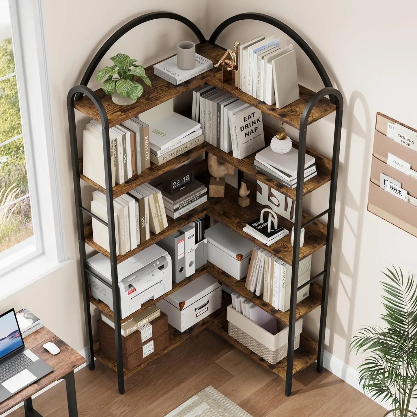 5-Tier Arched L-Shaped Corner Bookshelf | Industrial Storage & Display Rack