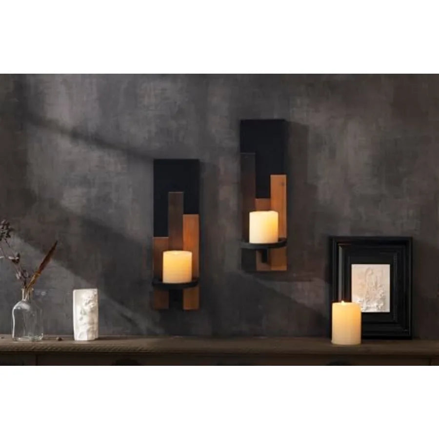 Wood Rustic Candle Sconces Set of 2 Wall-Mounted Pillar Candle Holders