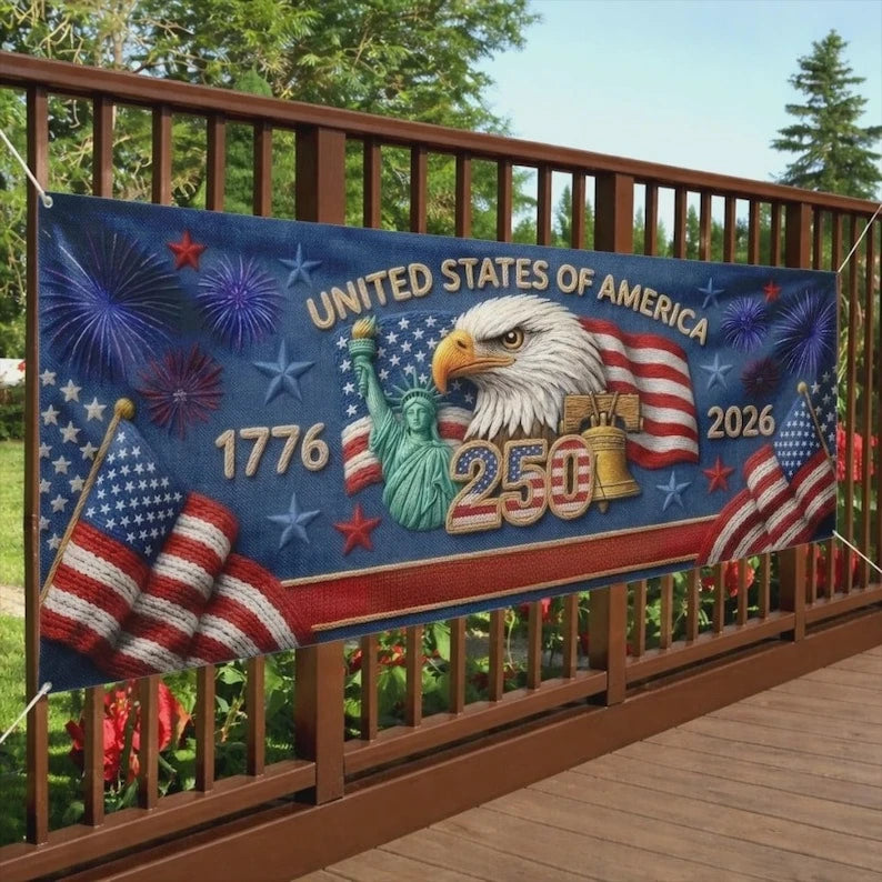 USA 250th Anniversary Banner, America 1776-2026 Patriotic Outdoor Decor, Independence Day Celebration Backdrop Sign, 1PC