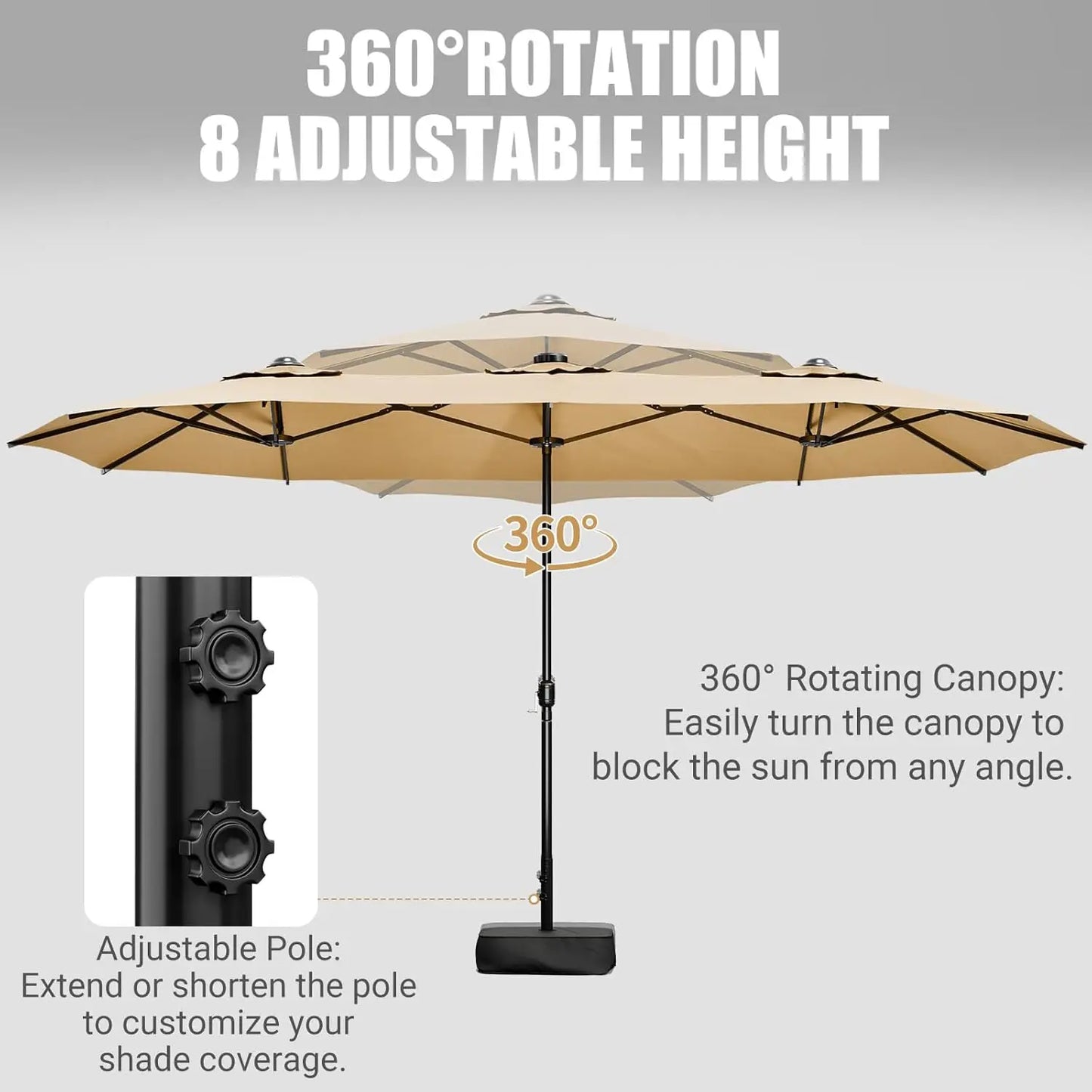 15FT Double‑Sided Patio Umbrella with Base – Large Rectangular Outdoor Shade for Backyard, Poolside & Garden (Khaki)
