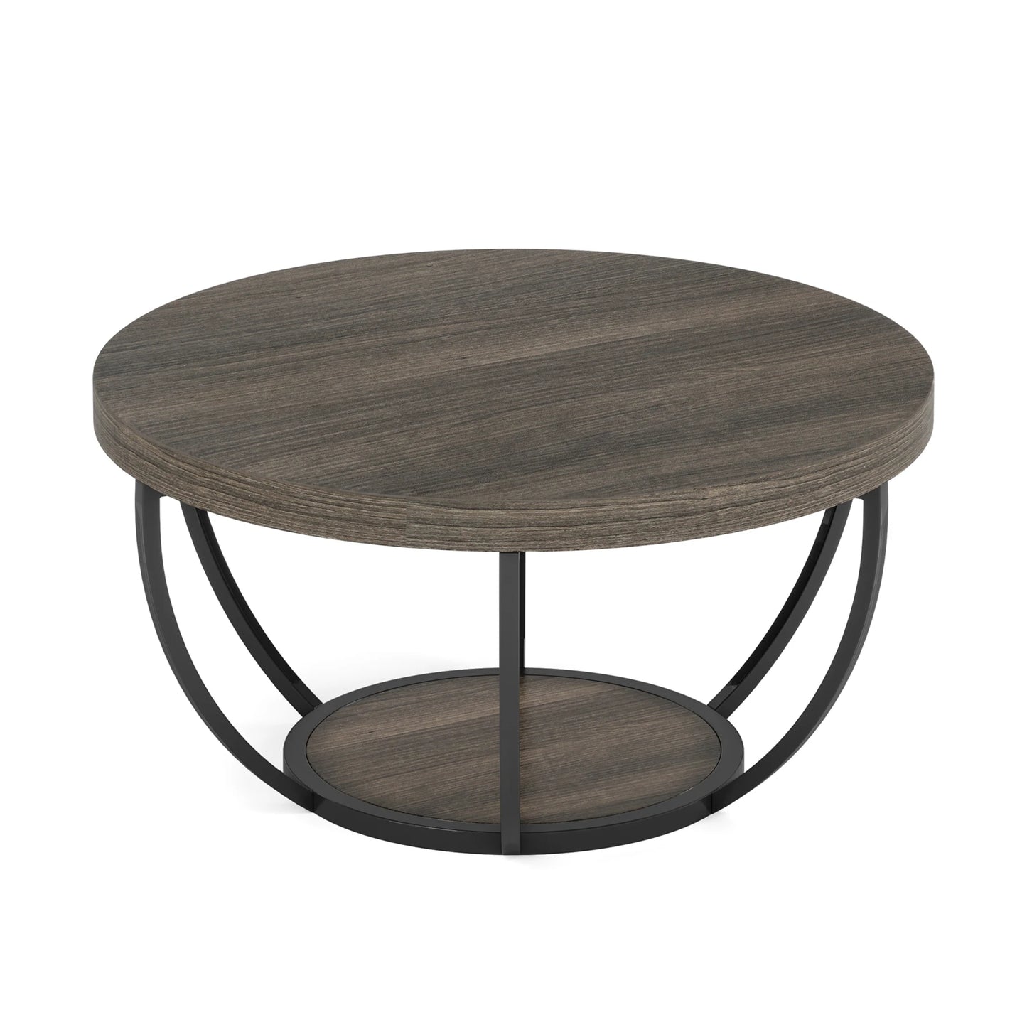 31" Round Coffee Table, Industrial 2-Tier Table with Storage Shelves