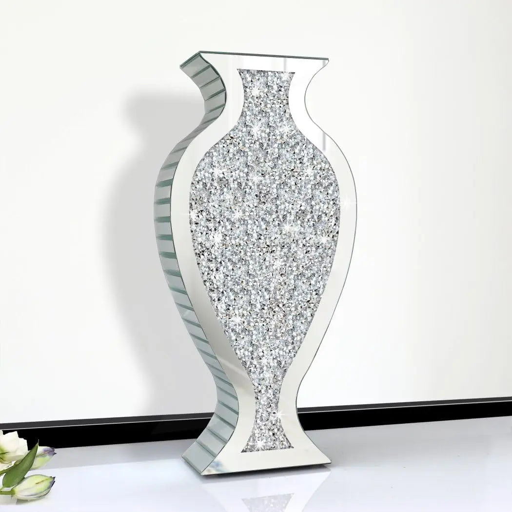 27" Crushed Diamond Mirrored Floor Vase – Tall Silver Crystal Decorative Vase for Luxury Home Décor