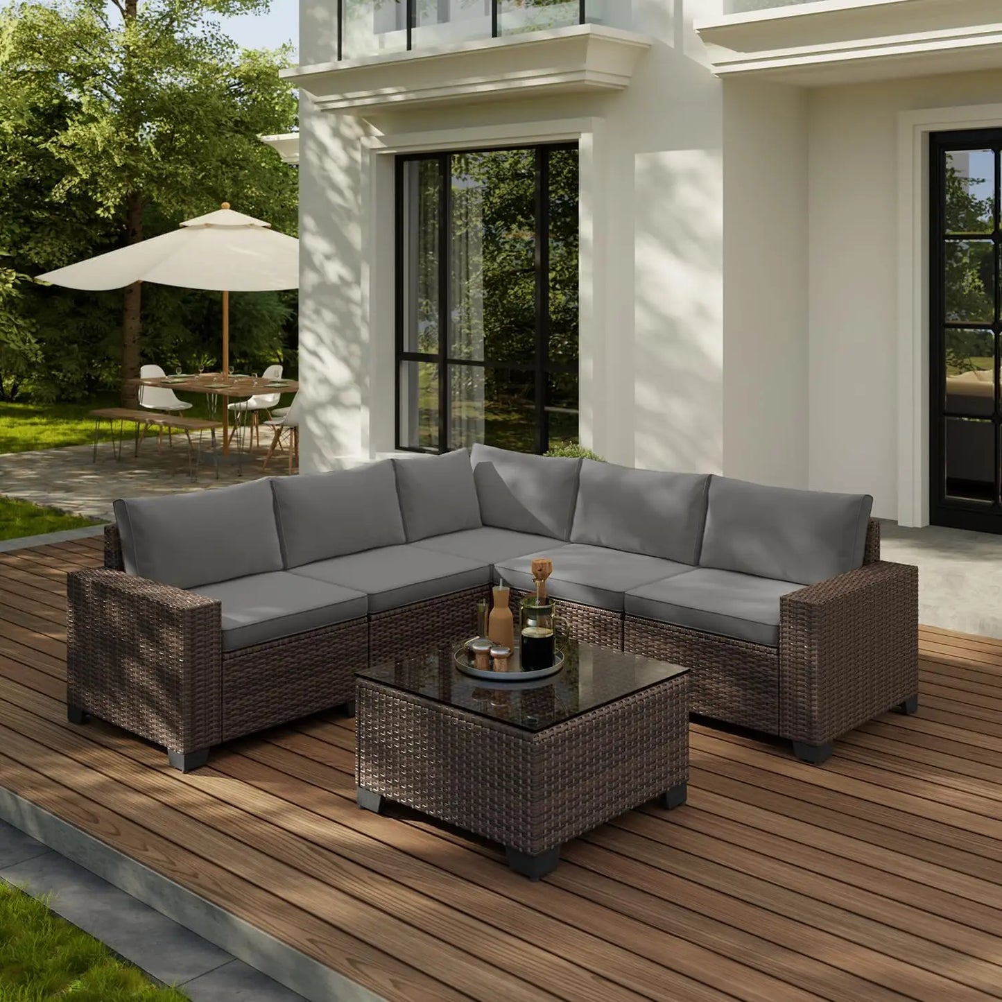 Outdoor Patio 6 Piece Sectional Sofa, All Weather Wicker Rattan