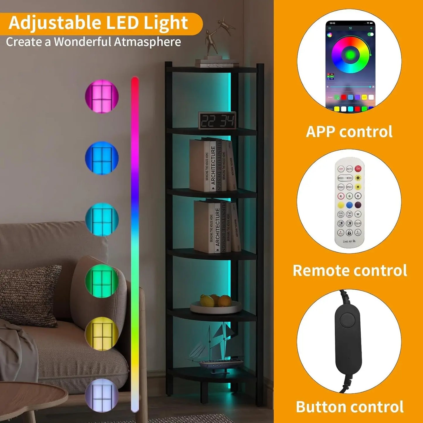 6-Tier Corner Shelf with LED Lights | Premium Steel Frame Display Stand (Black)