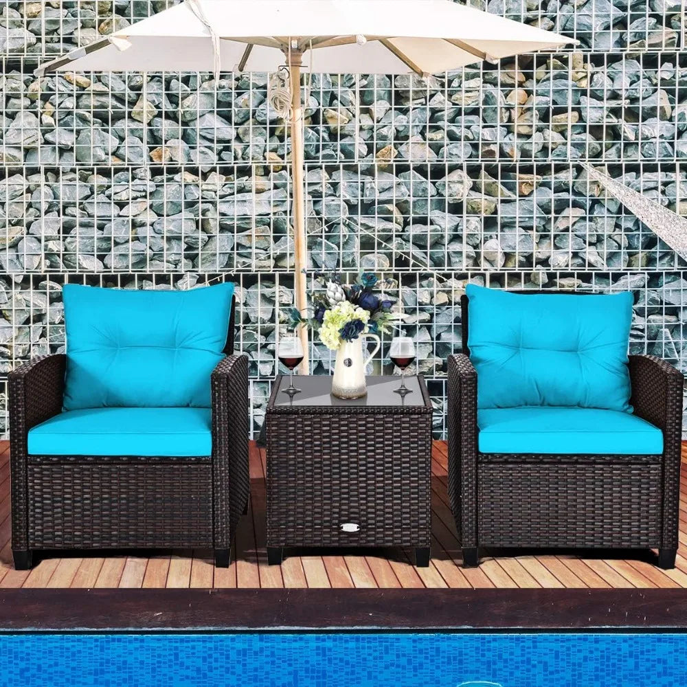 3‑Piece Patio Furniture Set – Outdoor Chairs with Washable Cushions & Tempered Glass Table