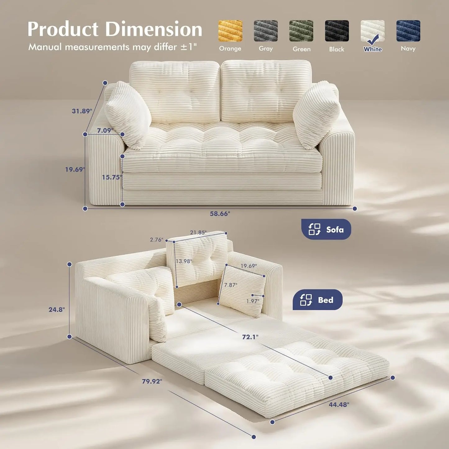 Convertible Loveseat Sleeper, Space-Saving Folding Sofa Bed for Small Spaces, No Assembly