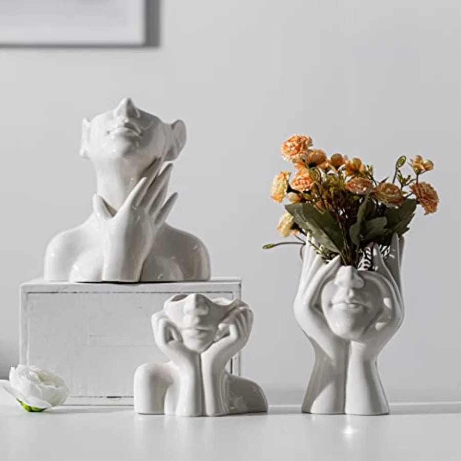 Female Head Ceramic Vase – Modern White Sculptural Face Vase for Home, Garden & Living Room Décor