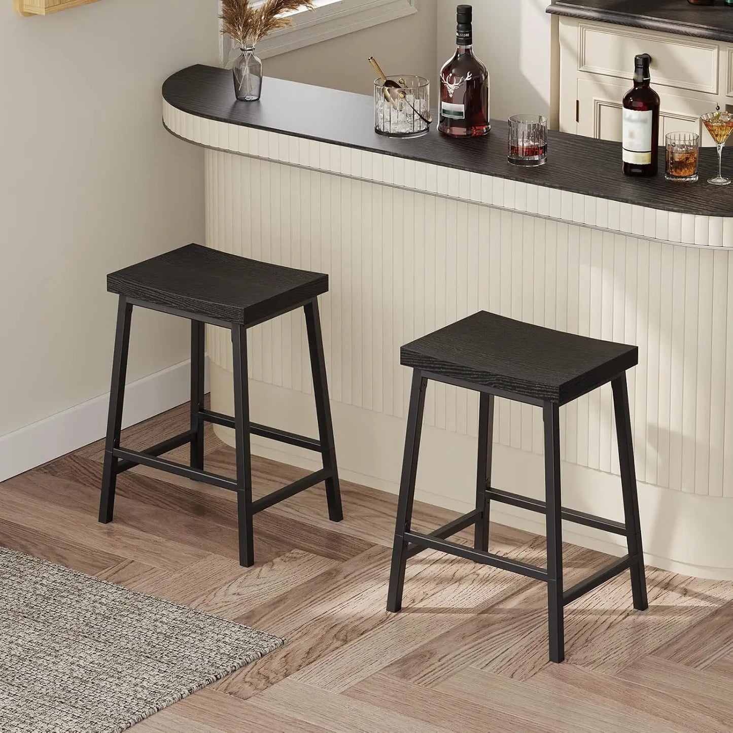Black Bar Stools Set of 2 with Footrest, 23.7 Inch Counter Height