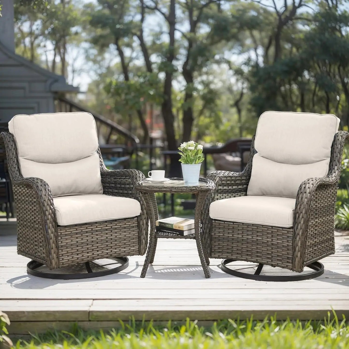 High Back Outdoor Swivel Rocker Patio Chairs Set of 2, with 5-Inch Thick Cushions and Side Table, All-Weather