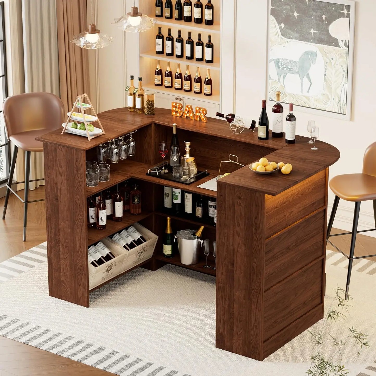 Home Unit Bar Cabinet with LED Light & Stemware Holders, 3 Tier Liquor Storage Cabinet