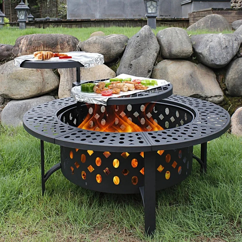 36" Fire Pit with 2 Grills, Wood Burning Fire Pits for Outside with Lid, Poker and Round Waterproof Cover, BBQ& Outdoor Fire