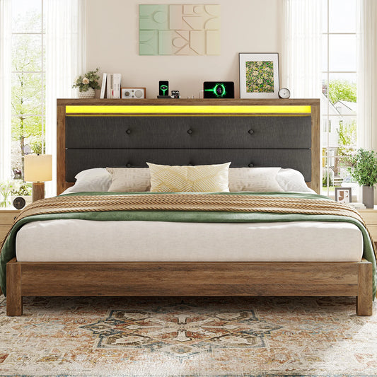 Platform LED Light Bed Frame with Upholstered Headboard with Charging Station, No Box Spring Required
