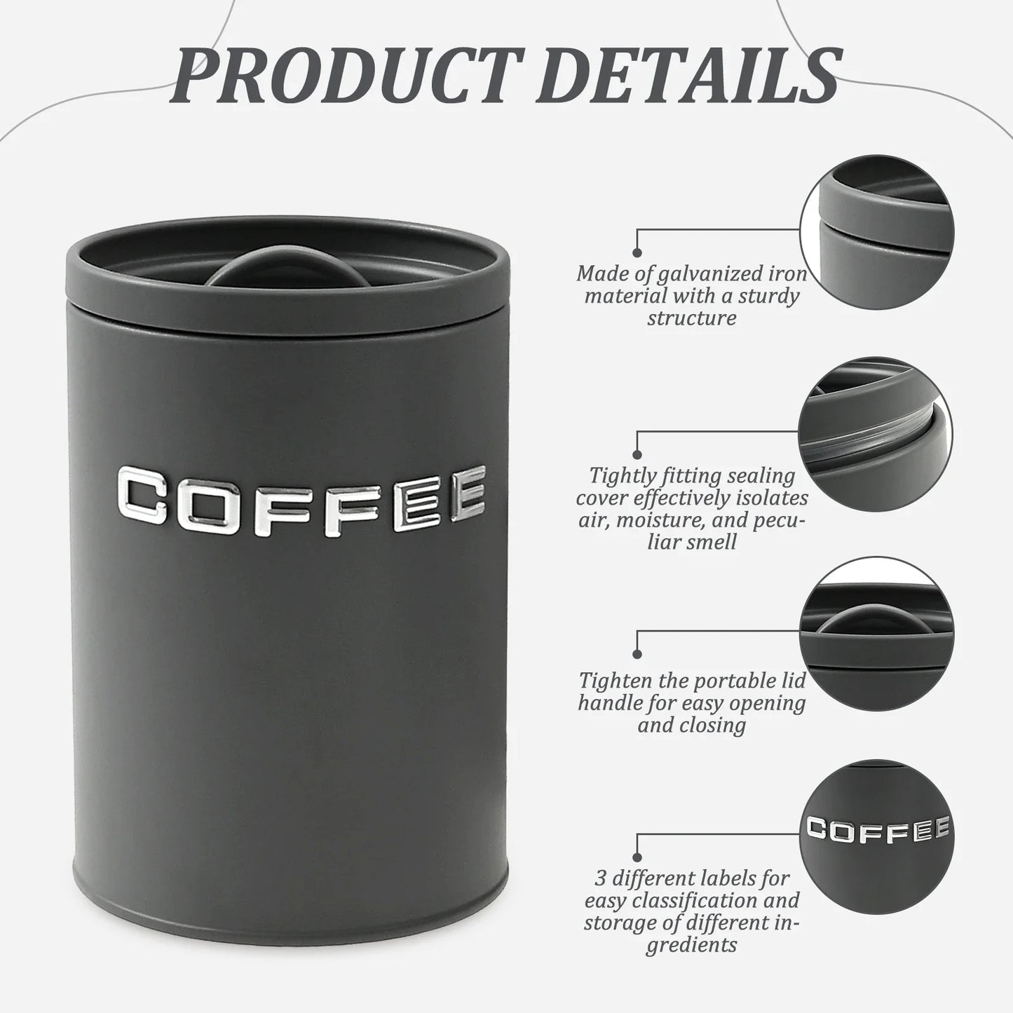 3‑Piece Tea, Coffee & Sugar Canister Set – Airtight Metal Kitchen Containers with Lids