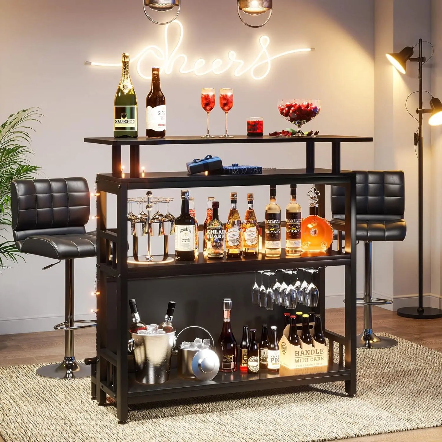 44" Black Bar Table with Storage – Tall Pub Table with Upholstered Footrest