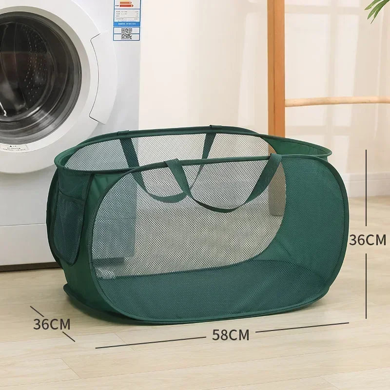 Durable Collapsible Laundry Basket, Mesh Pop Up Laundry Hamper With Side Pocket, Foldable Clothes Storage Hamper