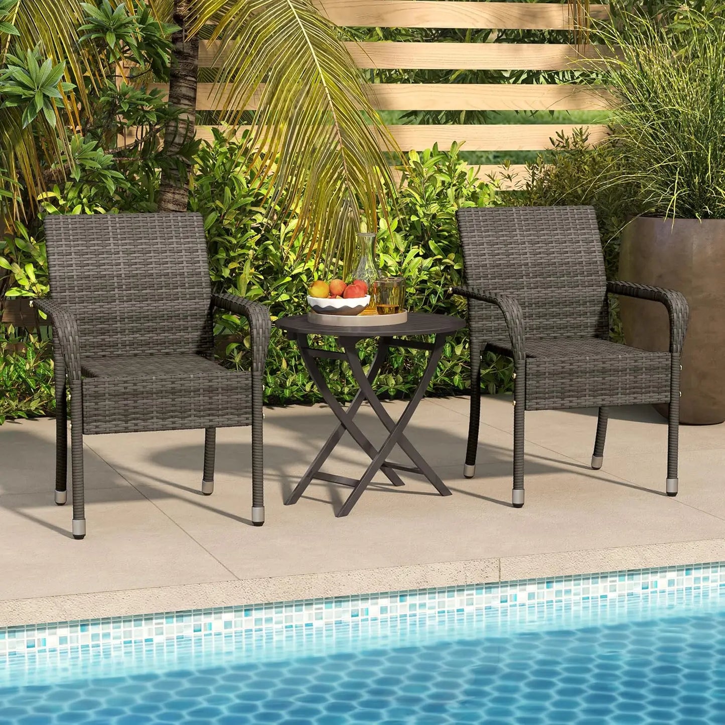 2pcs - Stackable All-Weather Rattan Chairs w/Armrests, Steel Frame, Outdoor