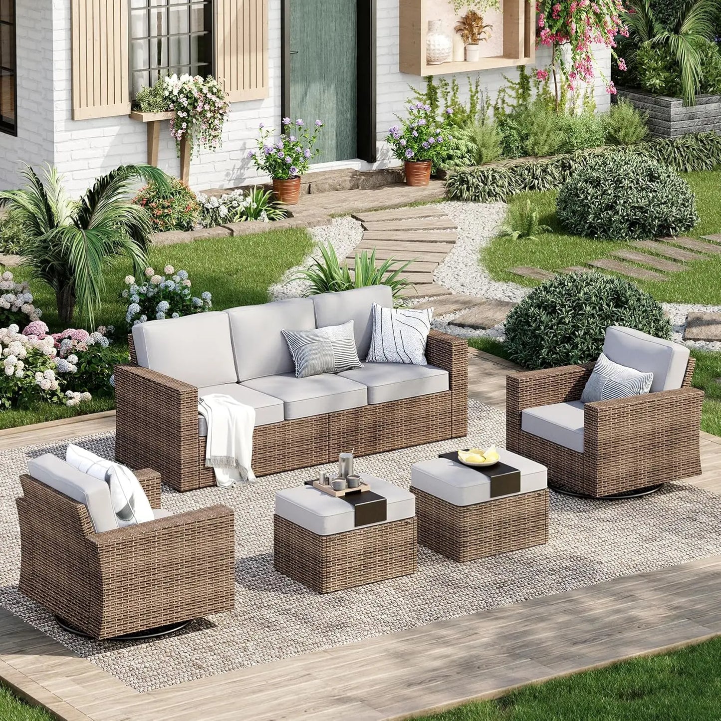 5 Piece Patio Furniture Set - Wicker Rattan with Swivel Chairs and Ottoman