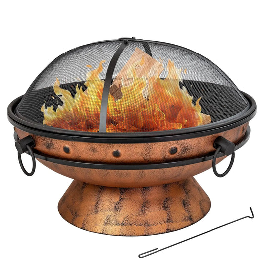 30-Inch Outdoor Fire Pit - Wood Burning Fire Pit for Outside with Poker and Screen - Copper Finish