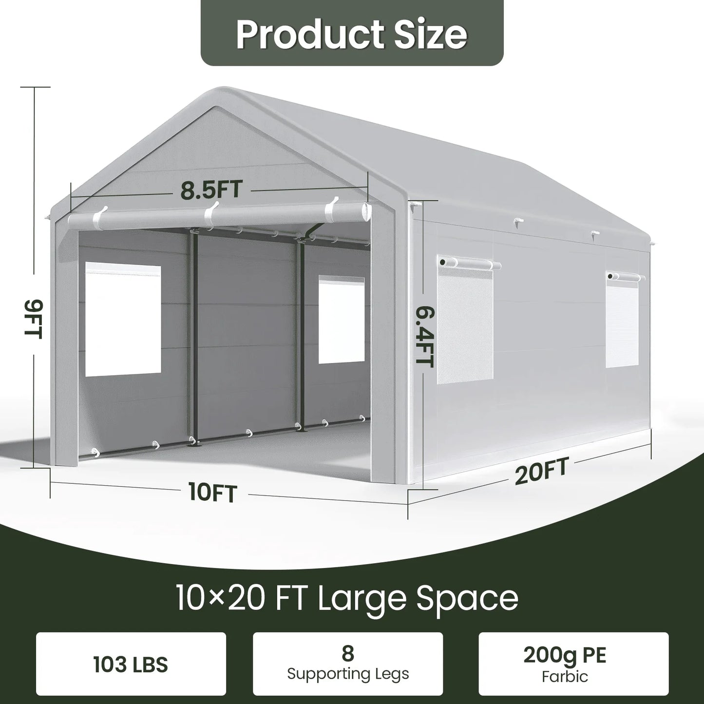 Carport 10x20 Ft, Heavy Duty Car Canopy with Reinforced Ground Bar, Portable Garage with Roll-up Windows and Removable Sidewalls