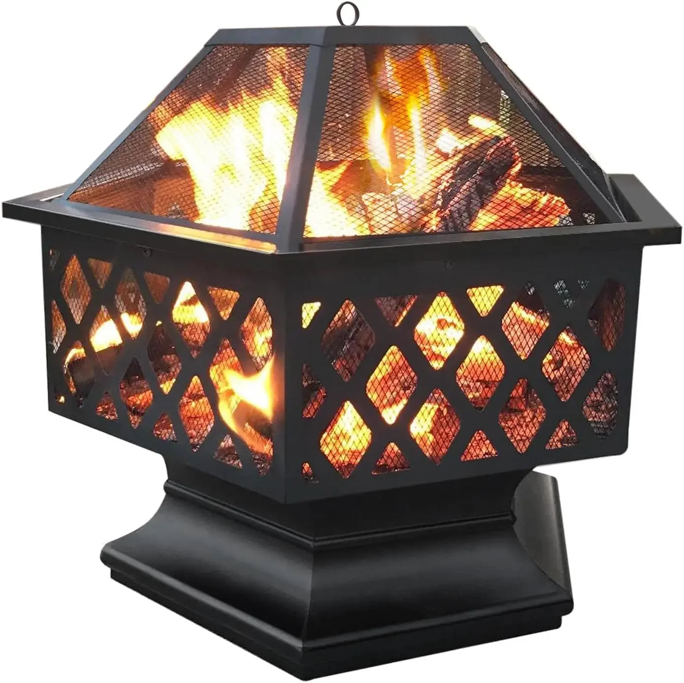 Hex Shaped Fire Bowl - Large Wood Burning Outdoor Fire Pit with Spark Screen & Poker for Bonfire, Campfire