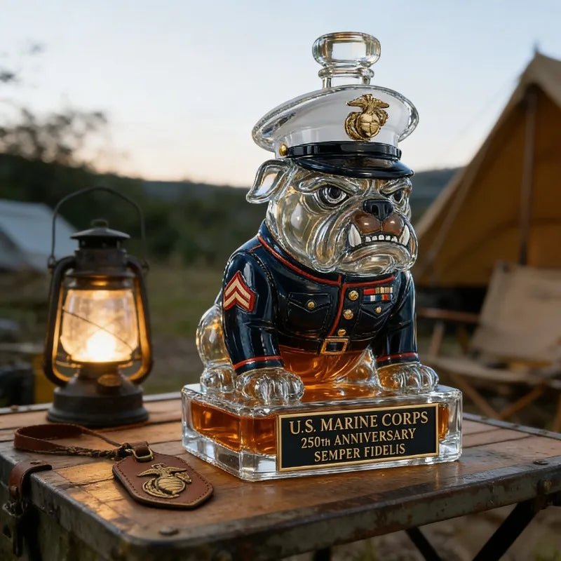 250th Anniversary U.S. Military Bulldog Whiskey Decanter, Army Themed Glass Liquor Bottle for Bar Decor & Veteran Gifts