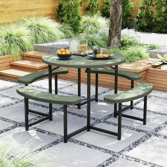 37" Round Picnic Table & Chair Set – Seats 4–8, Outdoor Table with Umbrella Holes