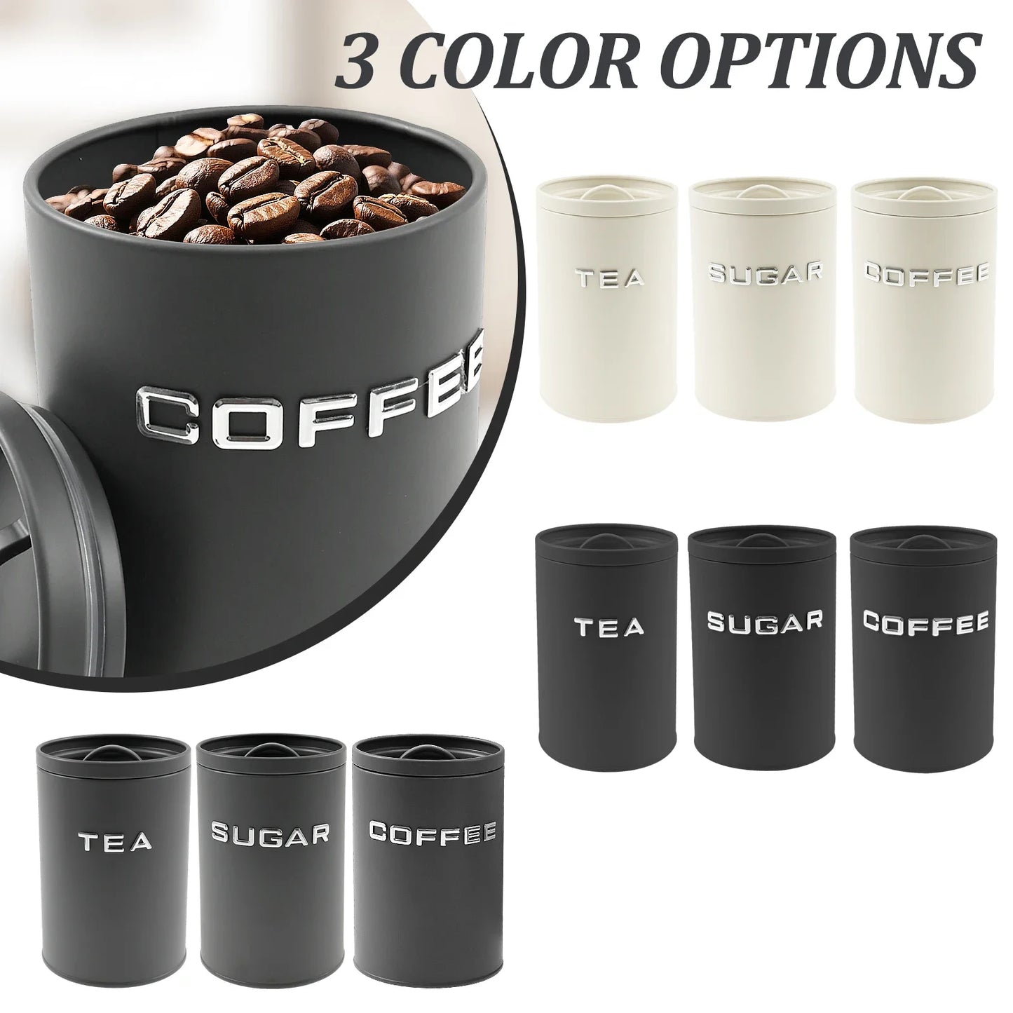3‑Piece Tea, Coffee & Sugar Canister Set – Airtight Metal Kitchen Containers with Lids