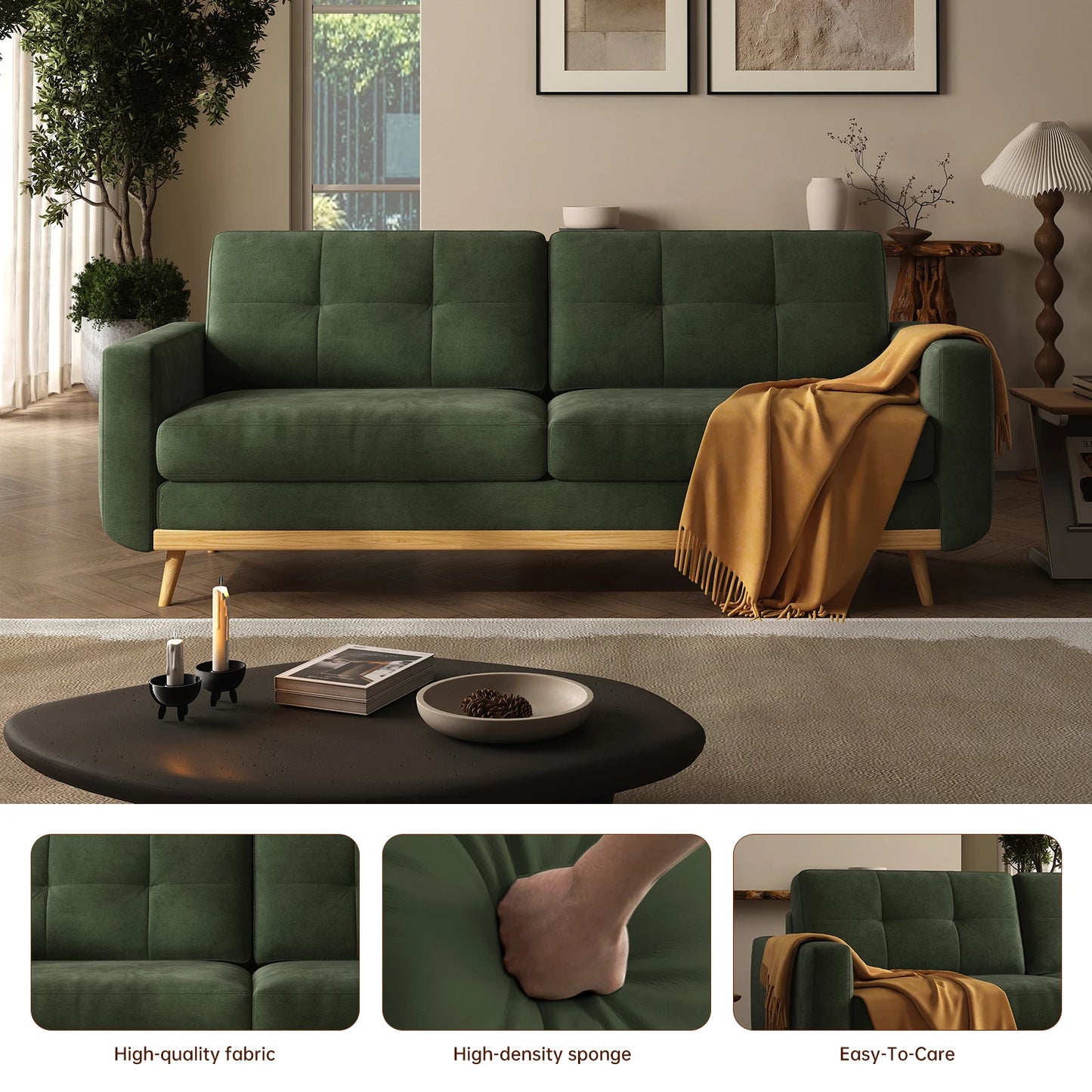67-inch Retro Sofa with Wooden Legs