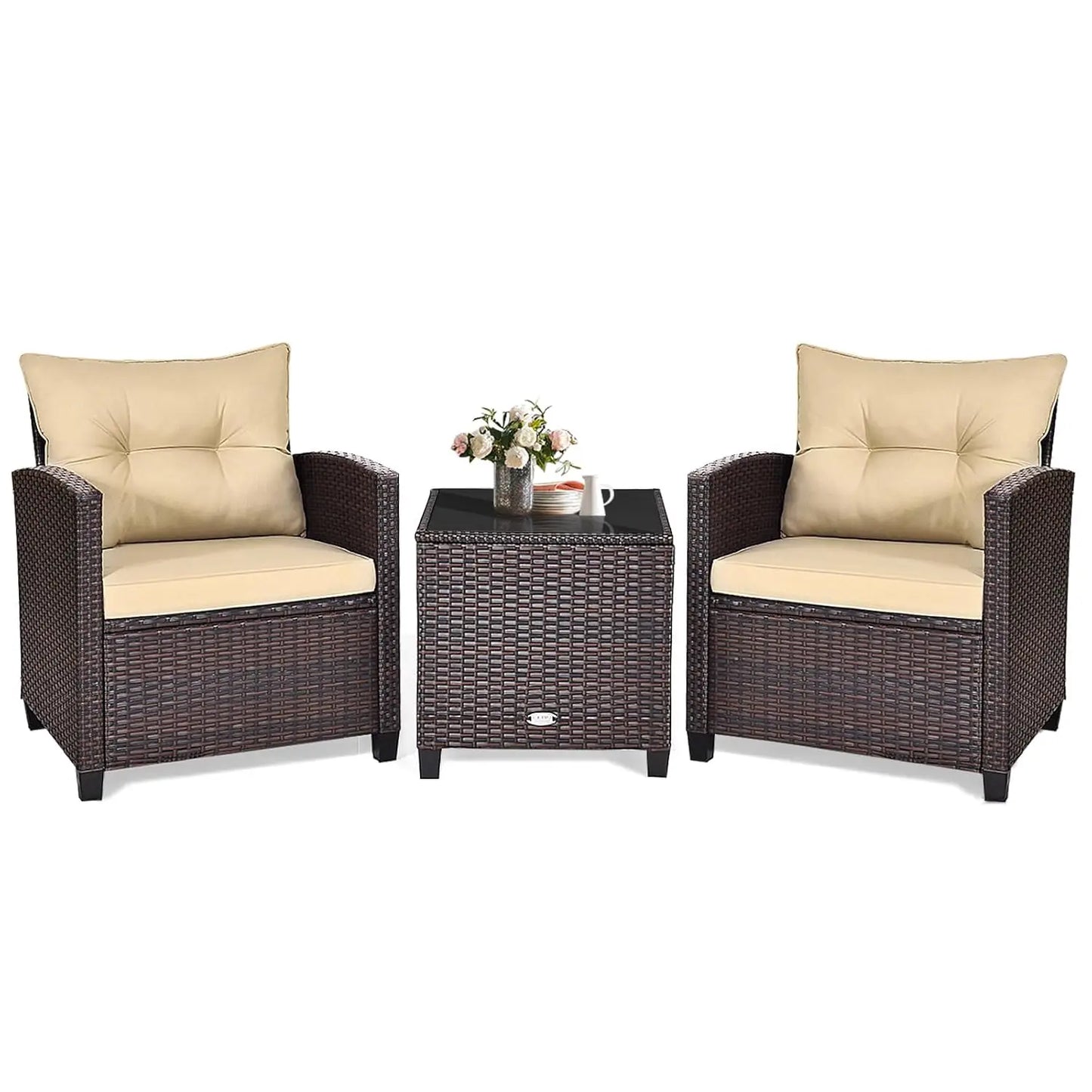 3‑Piece PE Rattan Patio Furniture Set – Outdoor Chairs with Washable Cushions & Tempered Glass Table (Multiple Colors)