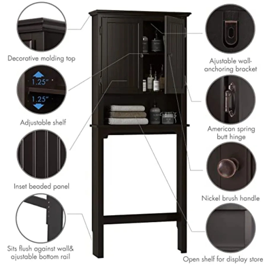 Bathroom Over The Toilet Cabinet Organizer with Adjustable Shelves and Double Doors, Espresso