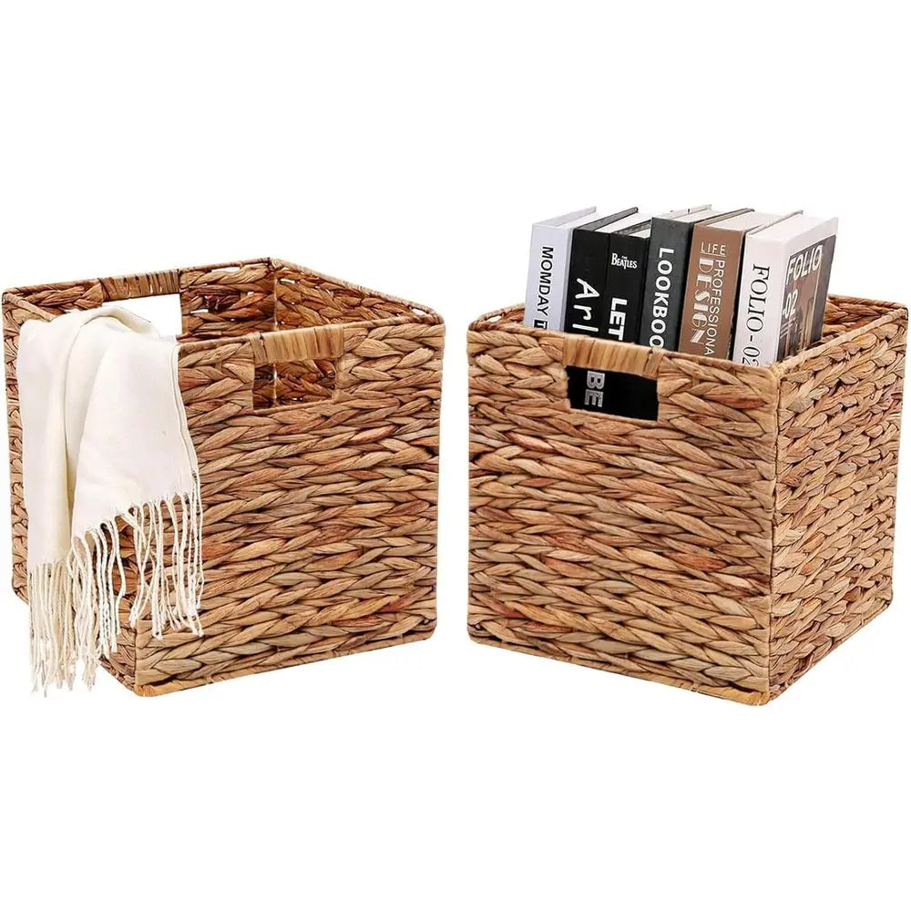 11x11in Wicker Storage Basket Set of 2 Collapsible Cube Storage Baskets, Storage Bins with Built-in Handles