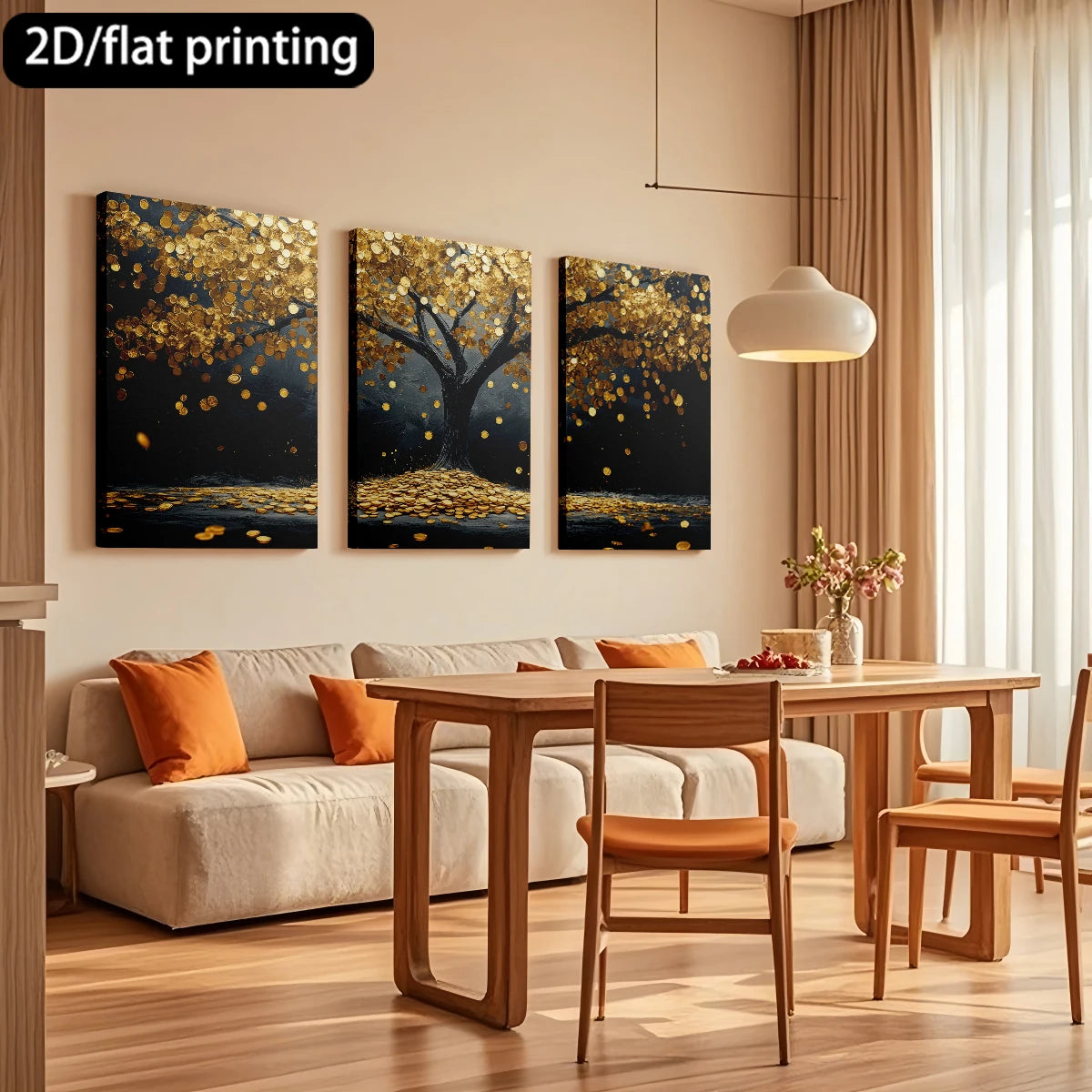 3pc wooden frame canvas decorative painting tree laden with golden coins