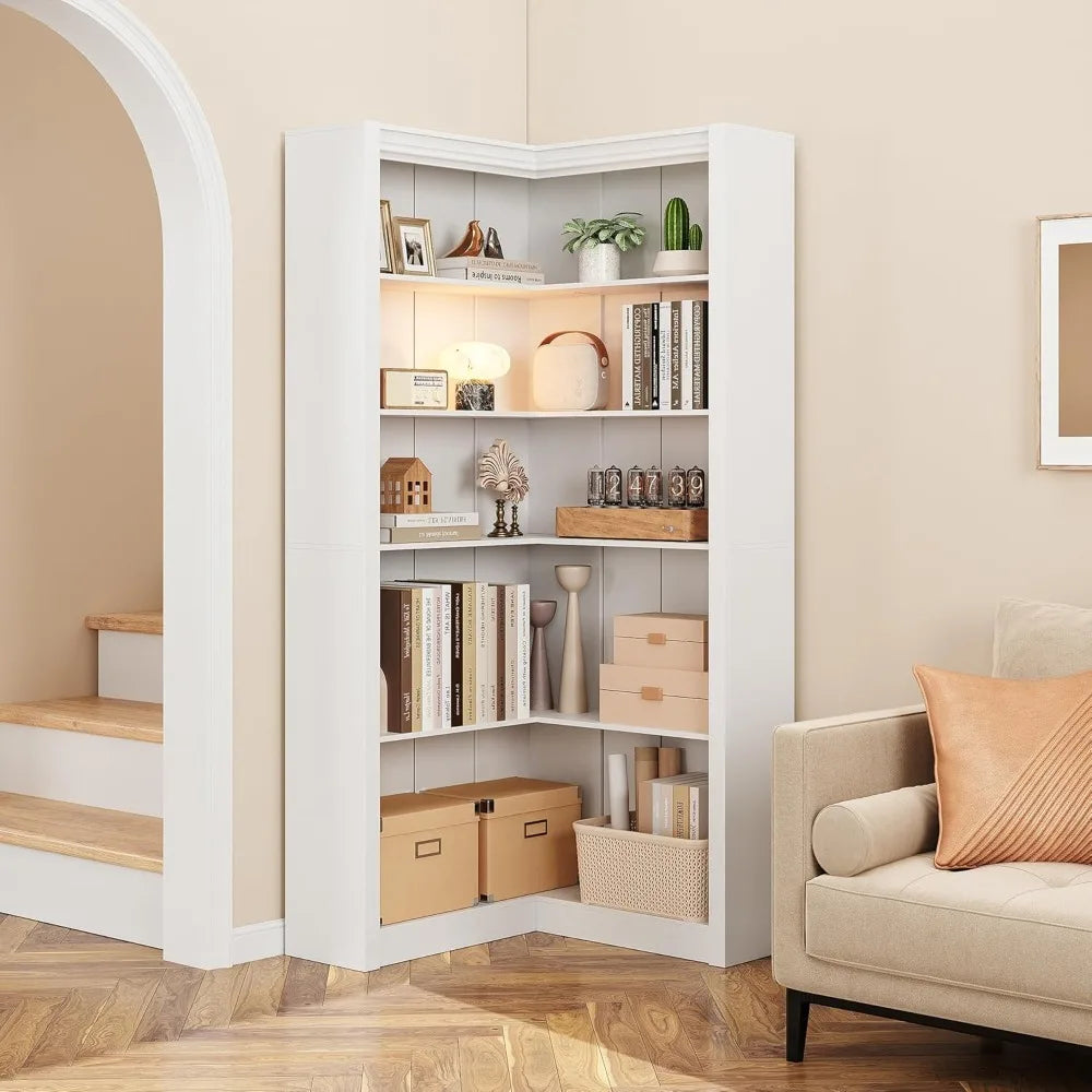 72" L-Shaped Corner Bookshelf | 5-Tier Heavy-Duty Display Storage Shelf