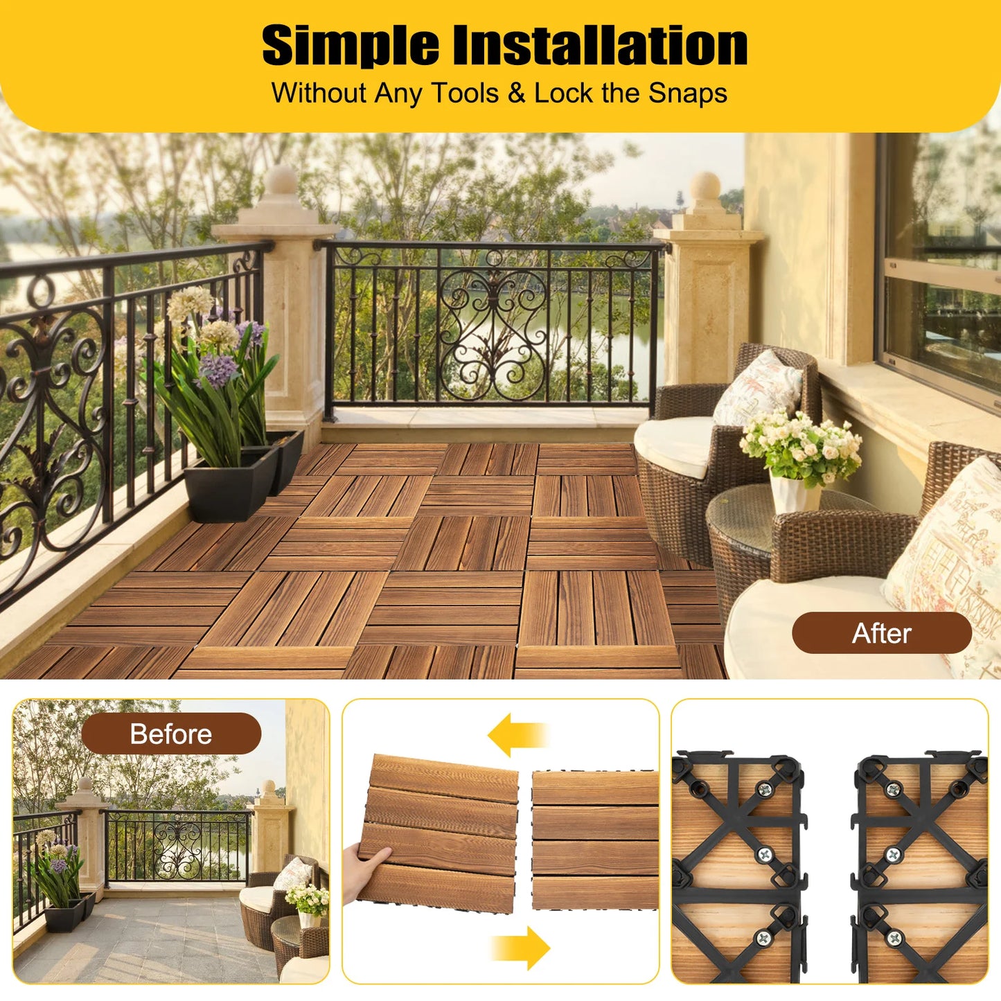 36‑Pack 12"×12" Wood Interlocking Floor Tiles – Non‑Slip, Waterproof Outdoor Flooring