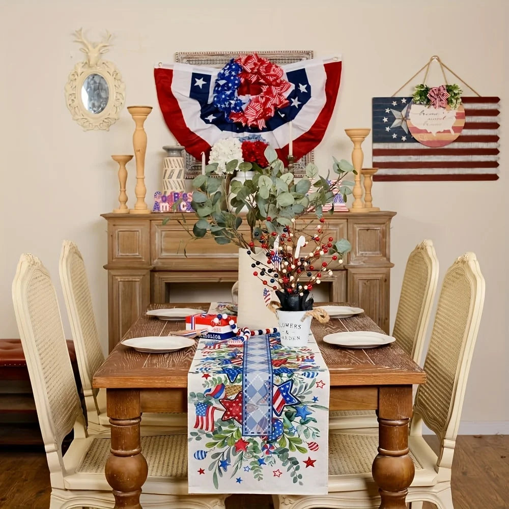 Independence Day Patriotic Table Runner, Linen 2D Print, USA Flag Star Table Decor for Dining Room & Kitchen, or Outdoors