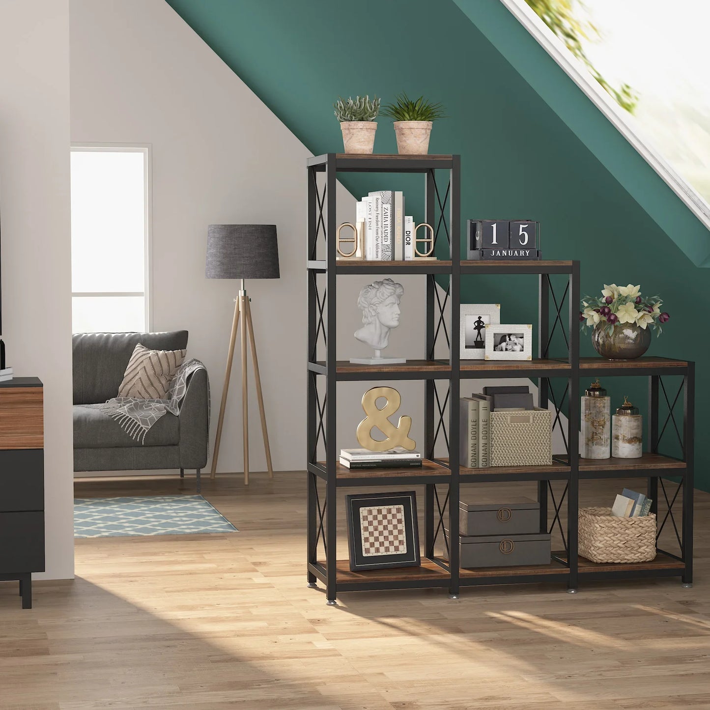 9-Cube Stepped Etagere Bookshelf | 12-Shelf Industrial Ladder Bookcase