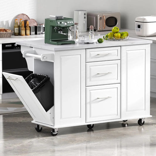 50.7" Rolling Kitchen Island Cart with Faux Marble Top Drop Leaf with Trash Can Storage Cabinet