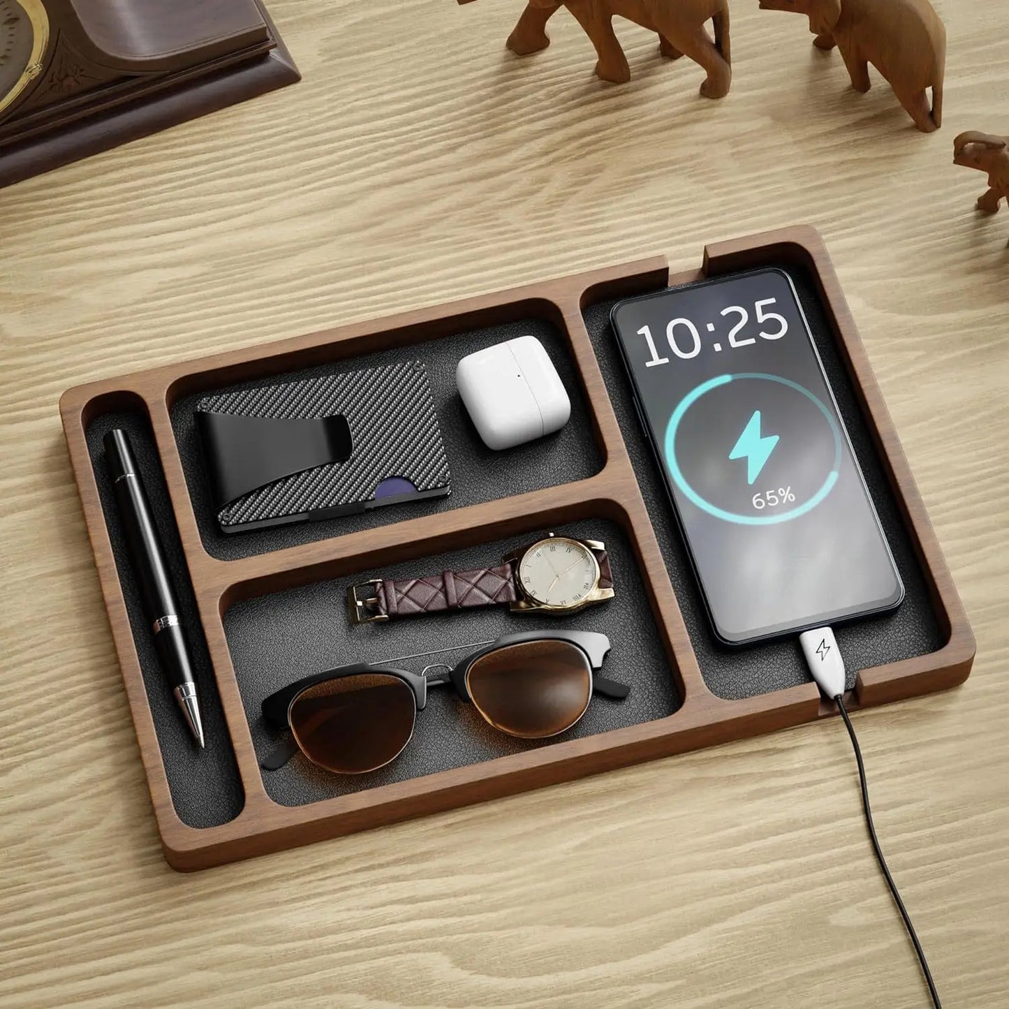 Wooden Desktop Organizer Box – Multi‑Slot Storage Tray for Phone, Headphones & Small Accessories
