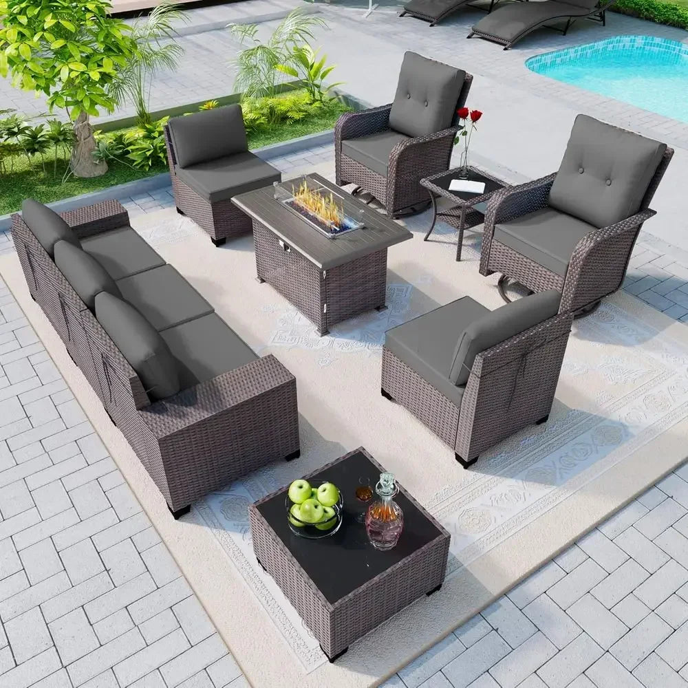10‑Piece Outdoor Patio Furniture Set – PE Rattan Wicker Sofa Set with Swivel Rocking Chairs & 43" Propane Fire Pit Table