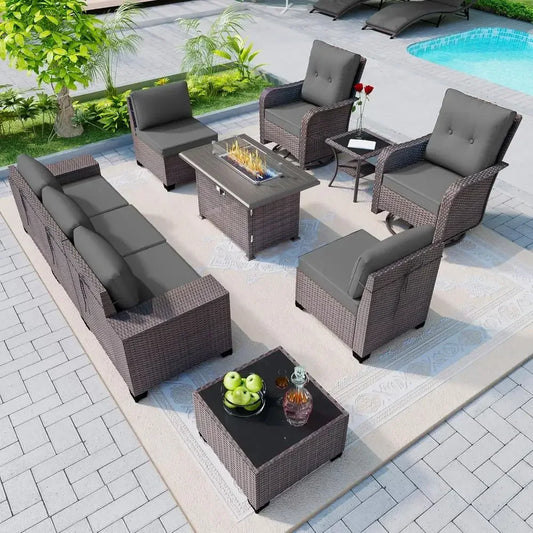 10‑Piece Outdoor Patio Furniture Set – PE Rattan Wicker Sofa Set with Swivel Rocking Chairs & 43" Propane Fire Pit Table