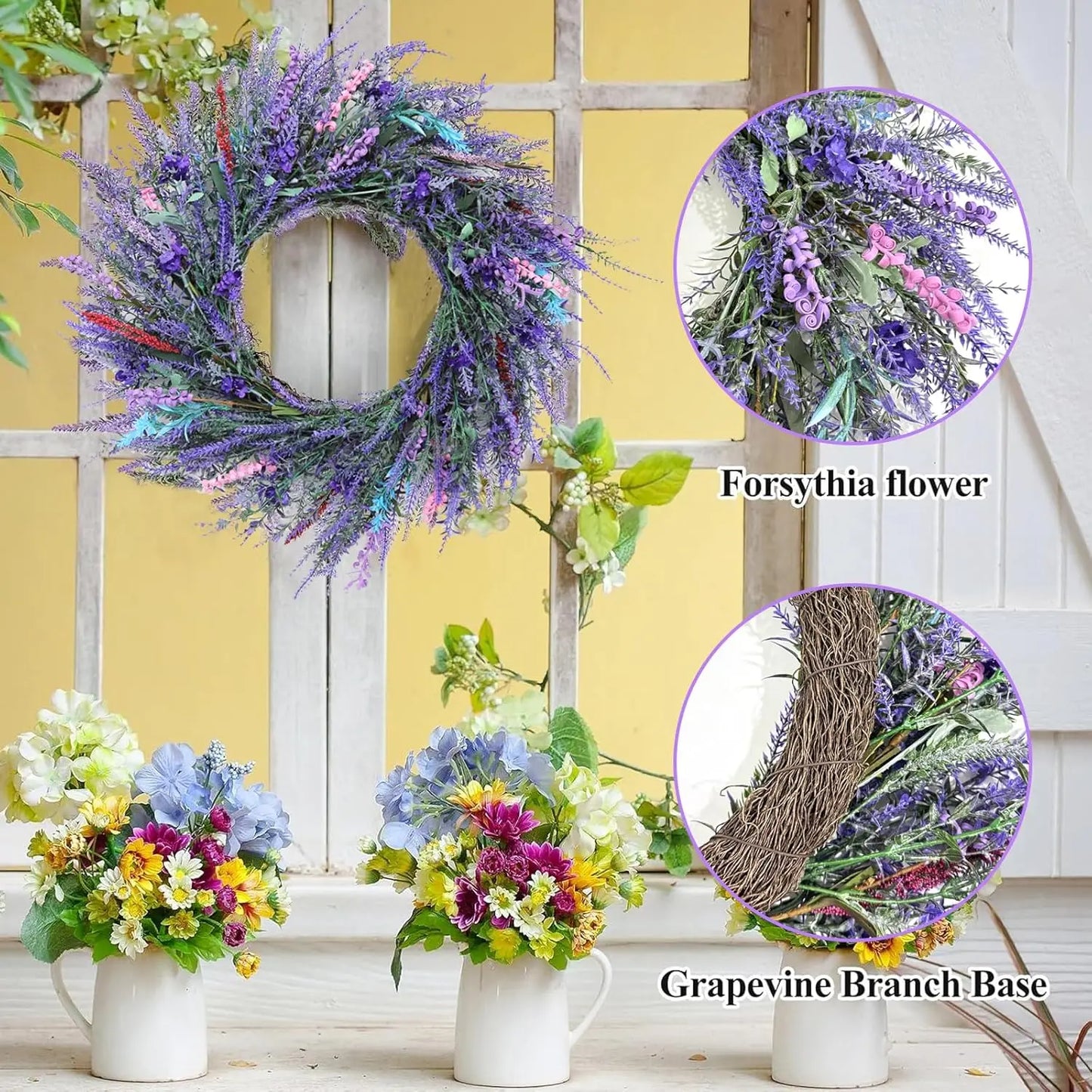 22" Lavender Front Door Wreath – Large Artificial Floral Wreath with Hook for Spring & Summer