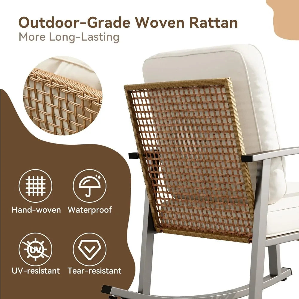 3-Piece Rattan Rocking Bistro Set: 2 Cushioned Wicker Chairs & Coffee Table