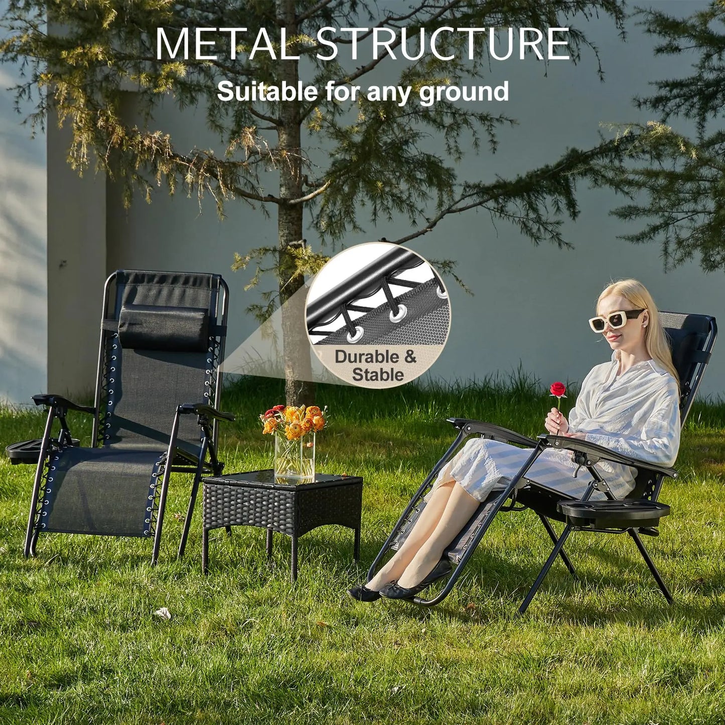 Zero Gravity Recliner Chairs, Set of 2 – Portable Outdoor Lounge Chairs with Cup Holder Trays & Adjustable Pillow
