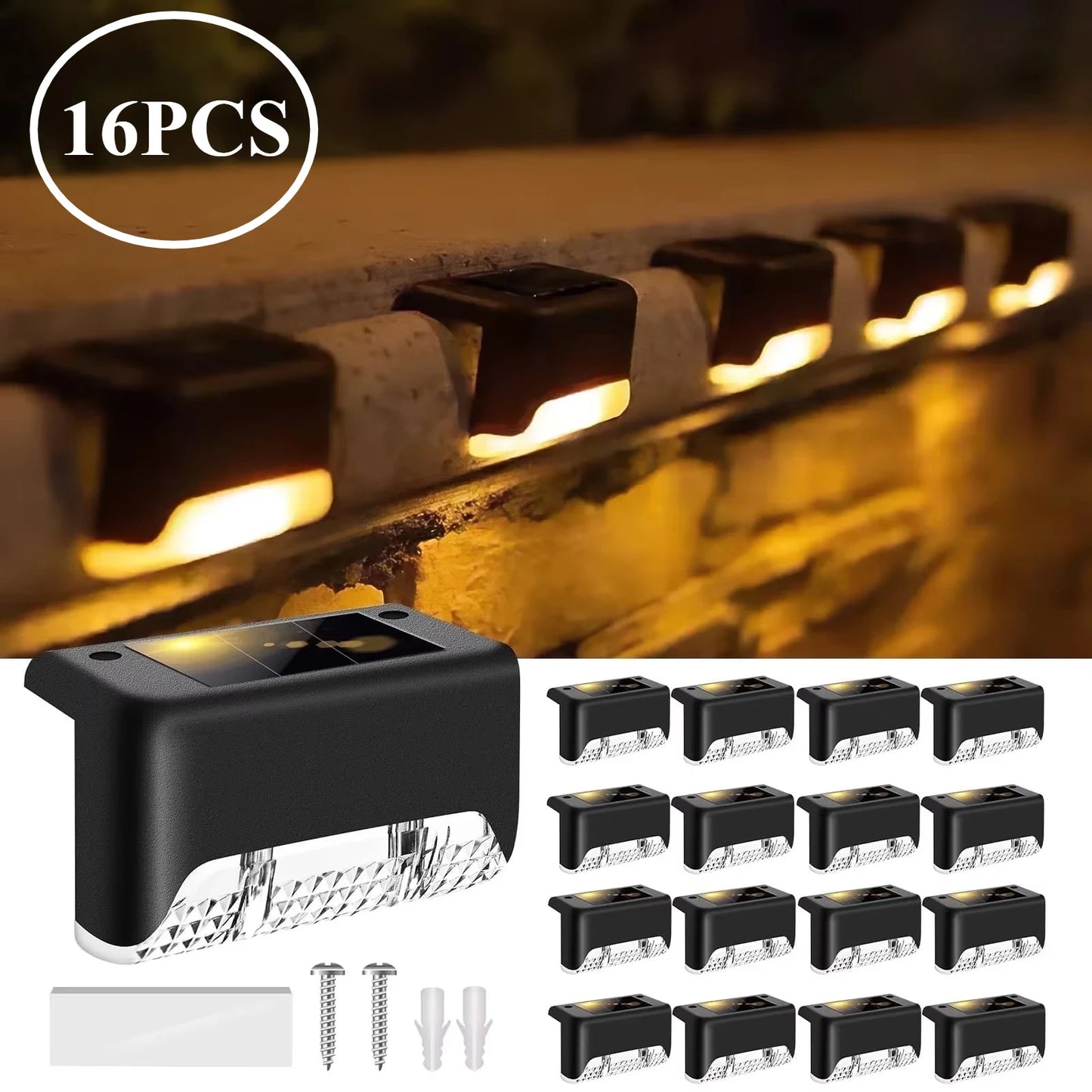 A set of 16 waterproof outdoor solar LED deck lights