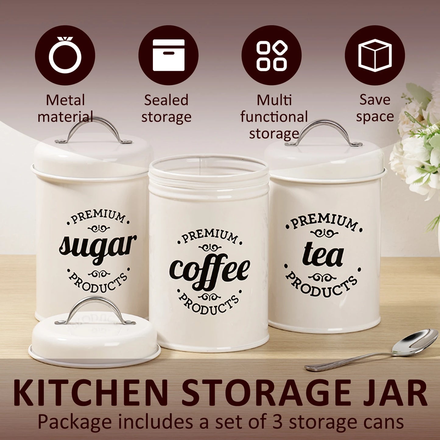 3Pcs Coffee Bean Organizer - Tea, Coffee, and Sugar Canisters Set with Lid