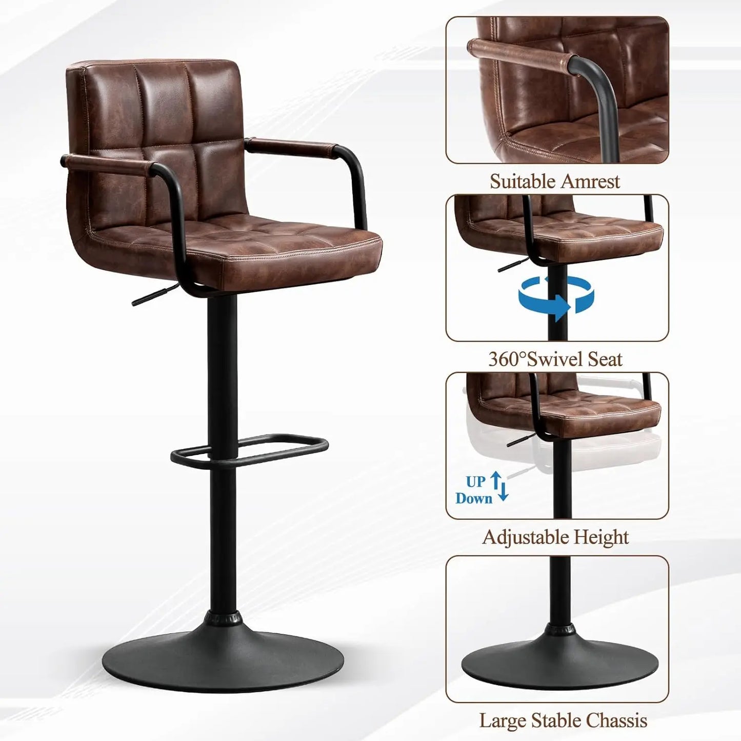 Swivel Bar Stools Set of 4, Adjustable Kitchen Counter Height with Arms, PU Leather Upholstered
