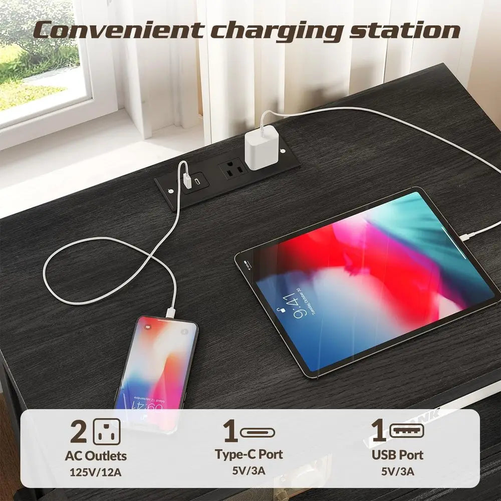Gray Wood Nightstands (Set of 2) – Large‑Drawer Bedside Tables with Built‑In Charging Station