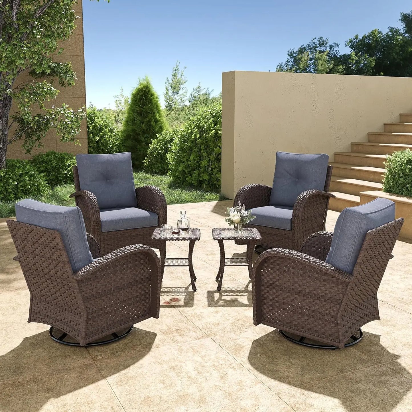6 Pieces Wicker Patio Furniture Set - 4 High Back Swivel Rocker Chairs and 2 tables