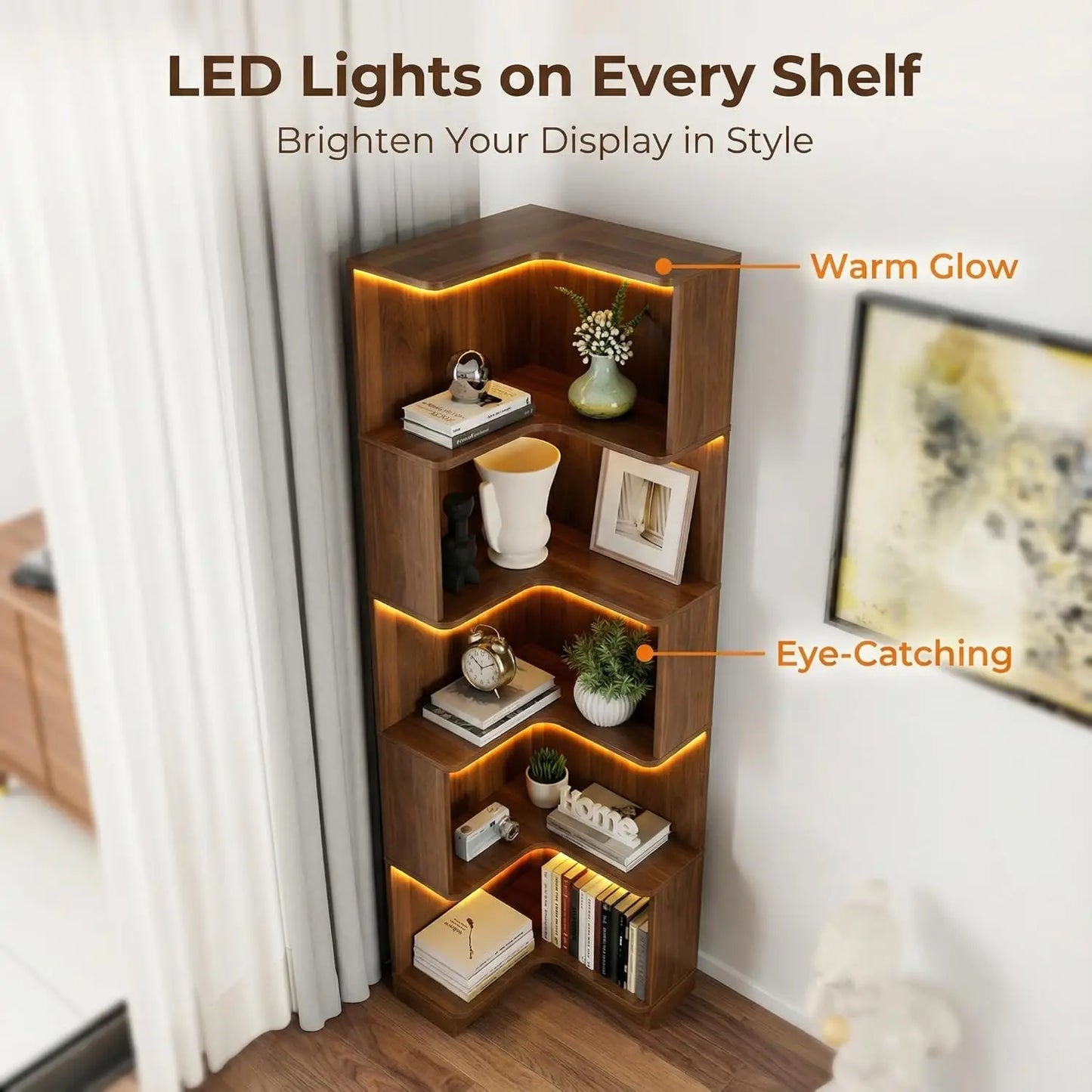 5-Tier L-Shaped Corner Bookshelf with LED Lights | Freestanding Smart Display Rack